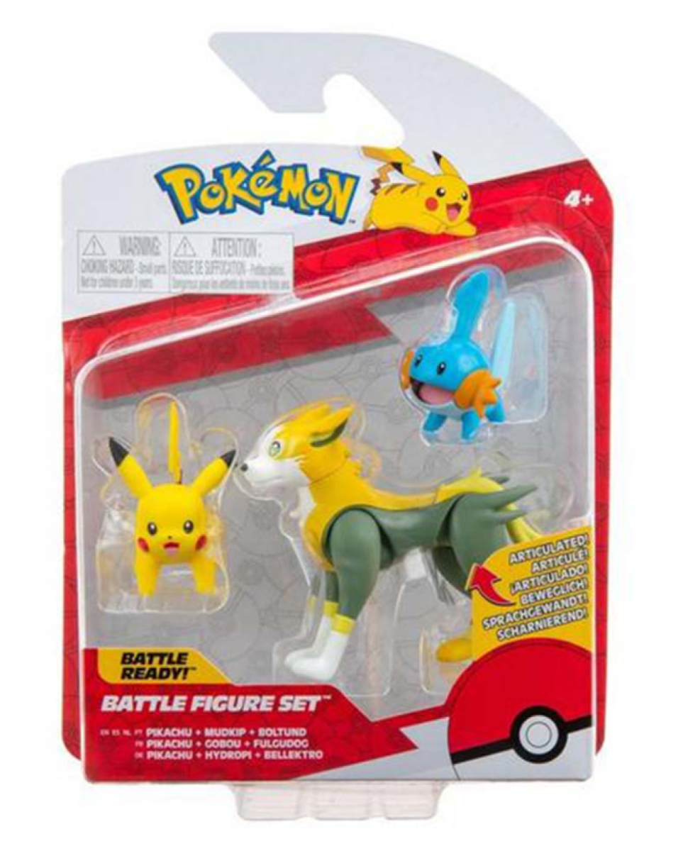 Pokemon Battle Figure Set - Pikachu + Mudkip + Boltund - ArgosyToys.co.uk